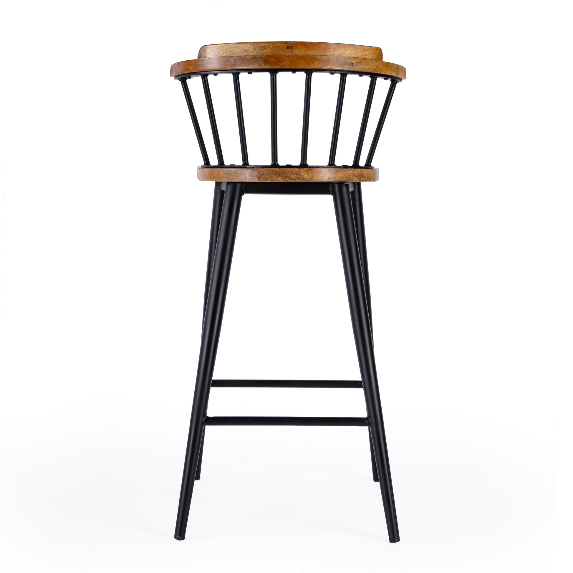 Butler Specialty Company Merrick 30 in. Seat Height Wood and Iron Bar Stool with Spindle Back and Footrest, Brown