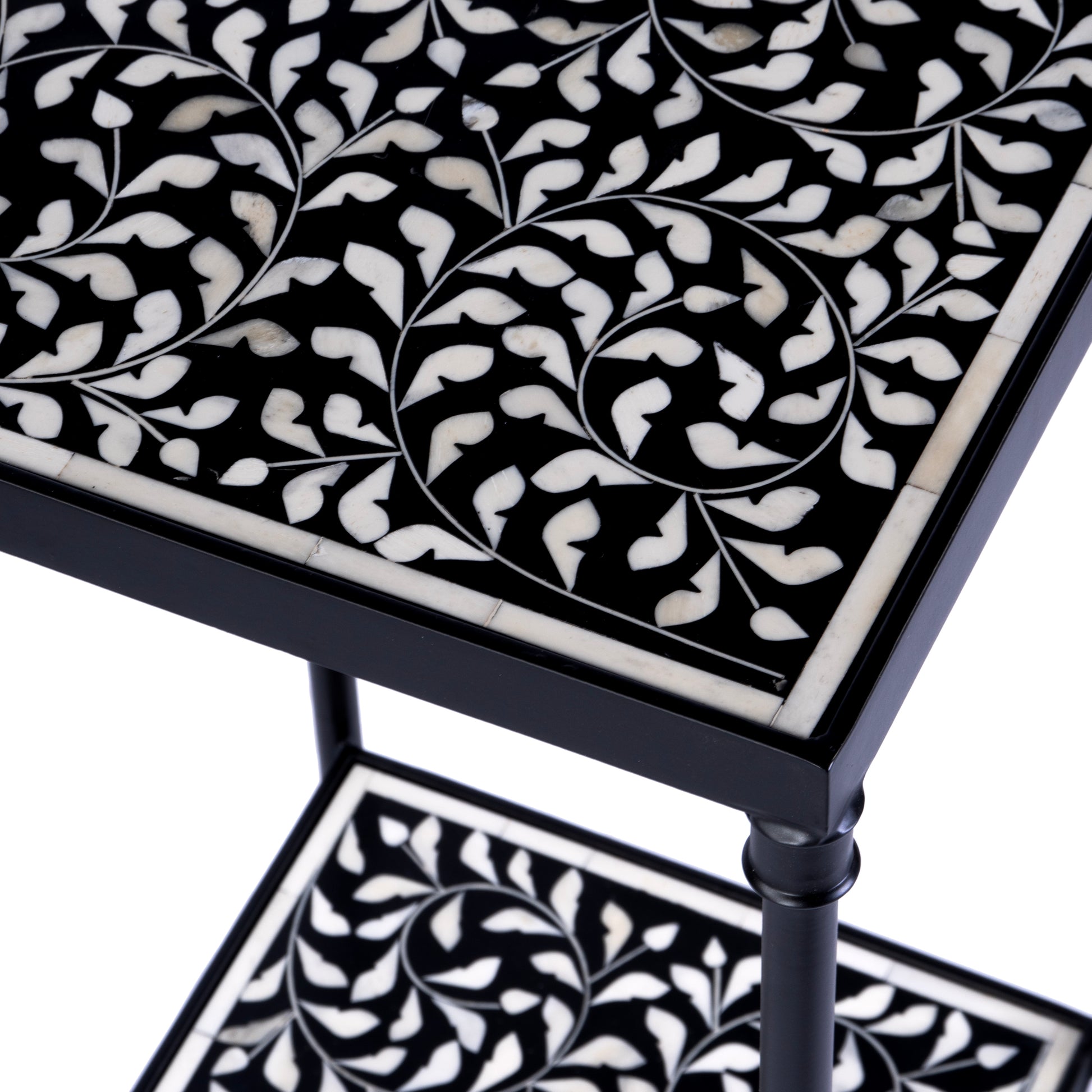 Butler Specialty Company Lana 11.75 in. Square Bone Inlay and Metal Side Table with Lower Open Shelf, Black and White