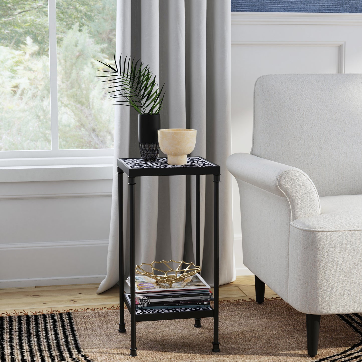 Butler Specialty Company Lana 11.75 in. Square Bone Inlay and Metal Side Table with Lower Open Shelf, Black and White