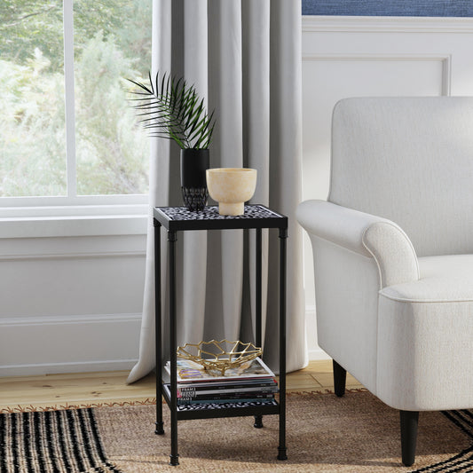 Butler Specialty Company Lana 11.75 in. Square Bone Inlay and Metal Side Table with Lower Open Shelf, Black and White