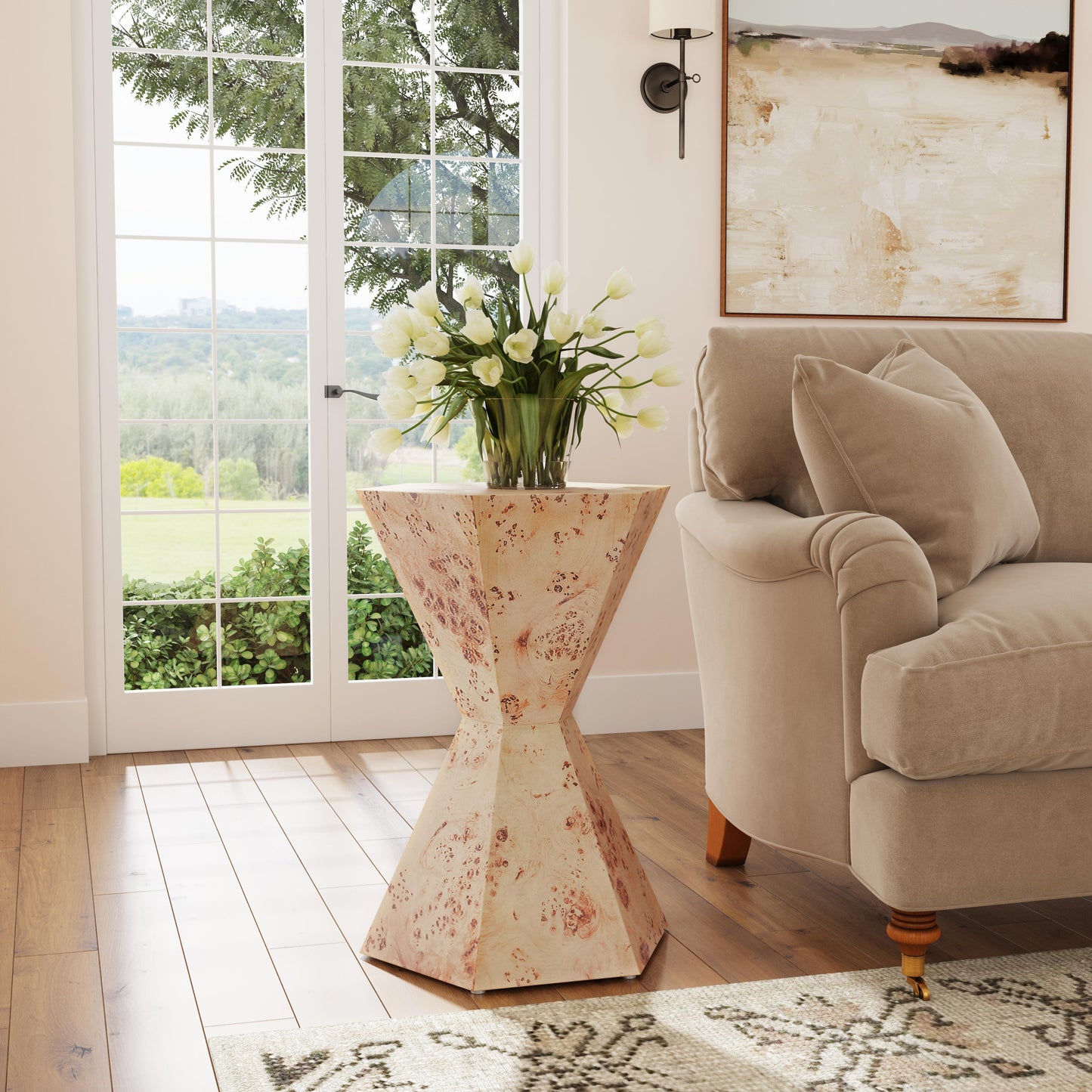 Butler Specialty Company Billie 20 in. W Hourglass Hexagon Shaped Burl Wood Side Table, Light Brown