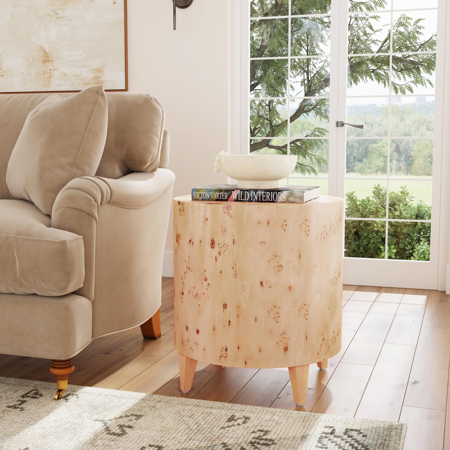Butler Specialty Company Billie 22 in. W Round Burl Wood Drum End Table, Light Brown