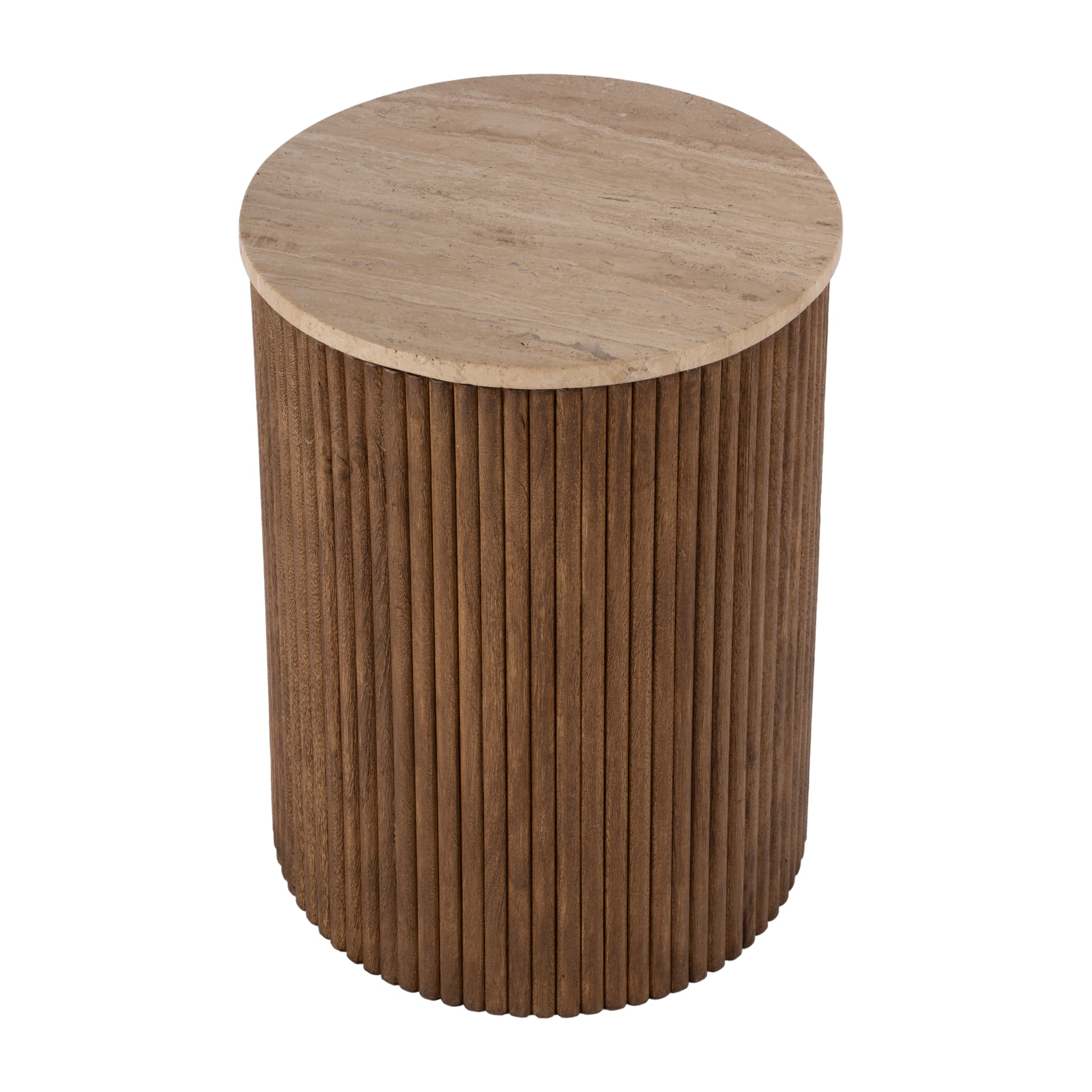 Butler Specialty Company Ruby 15 in. W Round Fluted Travertine and Wood Side Table, Brown