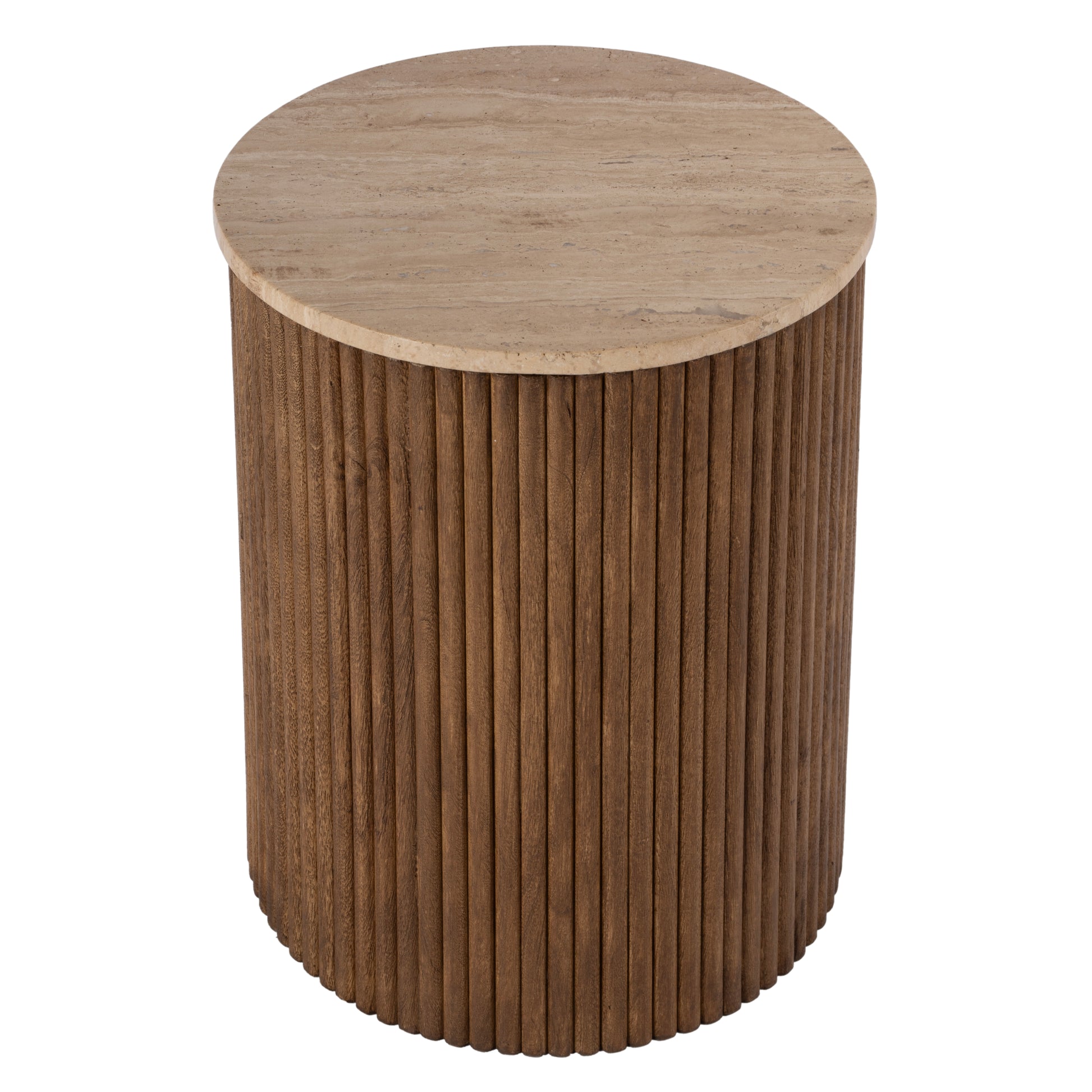 Butler Specialty Company Ruby 15 in. W Round Fluted Travertine and Wood Side Table, Brown