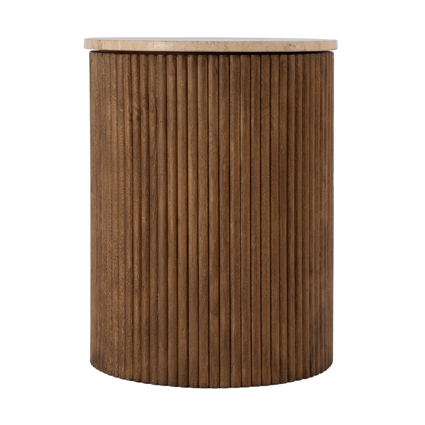 Butler Specialty Company Ruby 15 in. W Round Fluted Travertine and Wood Side Table, Brown