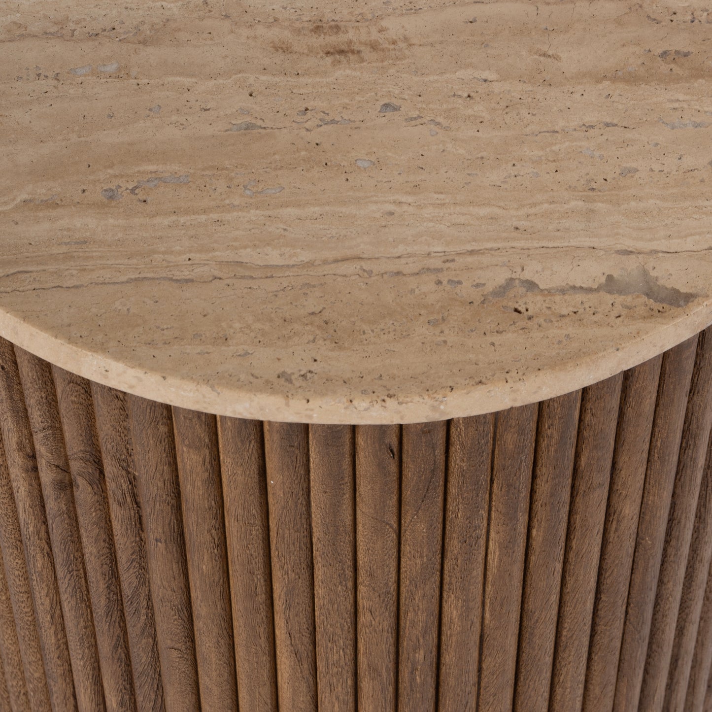 Butler Specialty Company Ruby 15 in. W Round Fluted Travertine and Wood Side Table, Brown