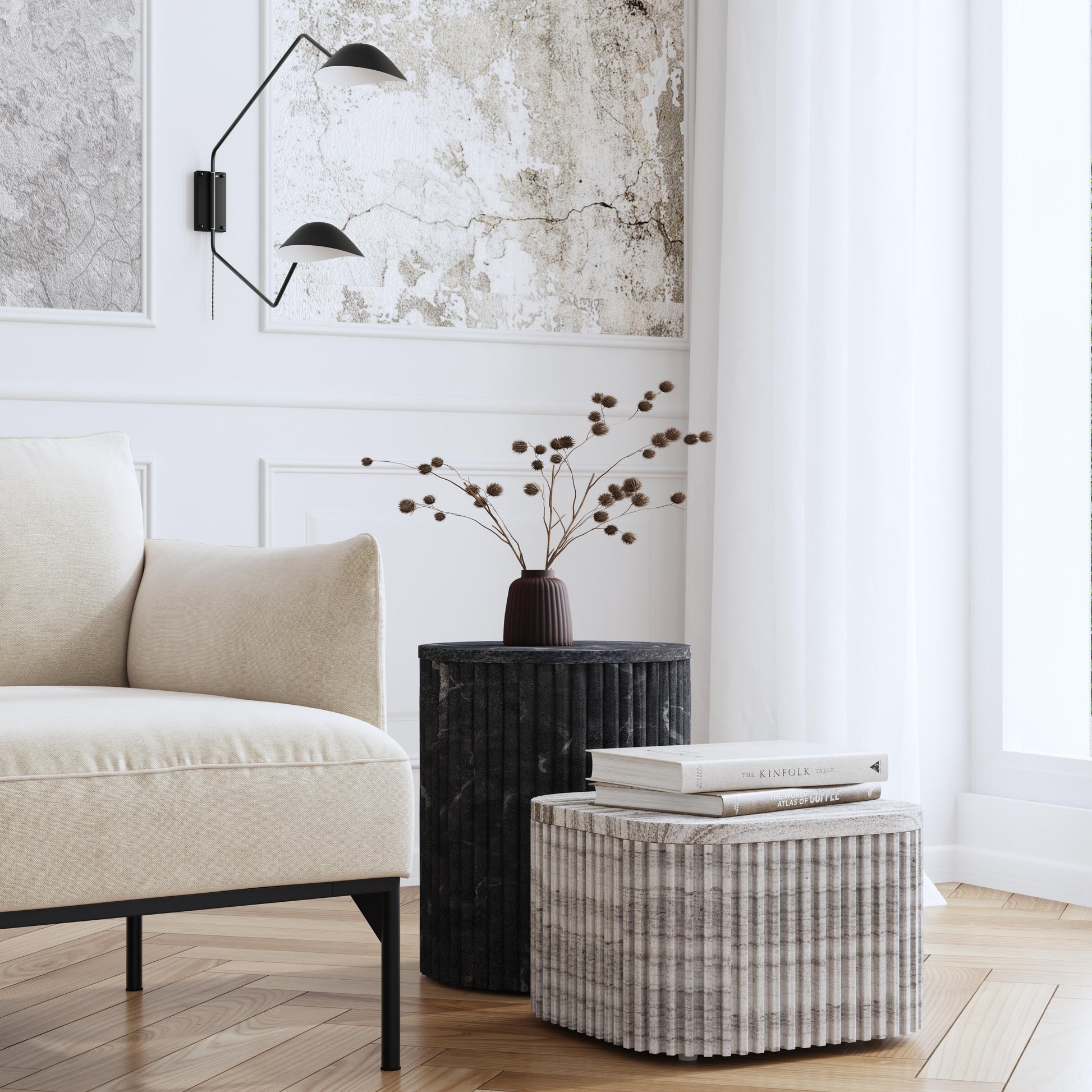 Butler Specialty Company Sylvester 15 in. W Round Marble and Wood Side Table, Gray and White