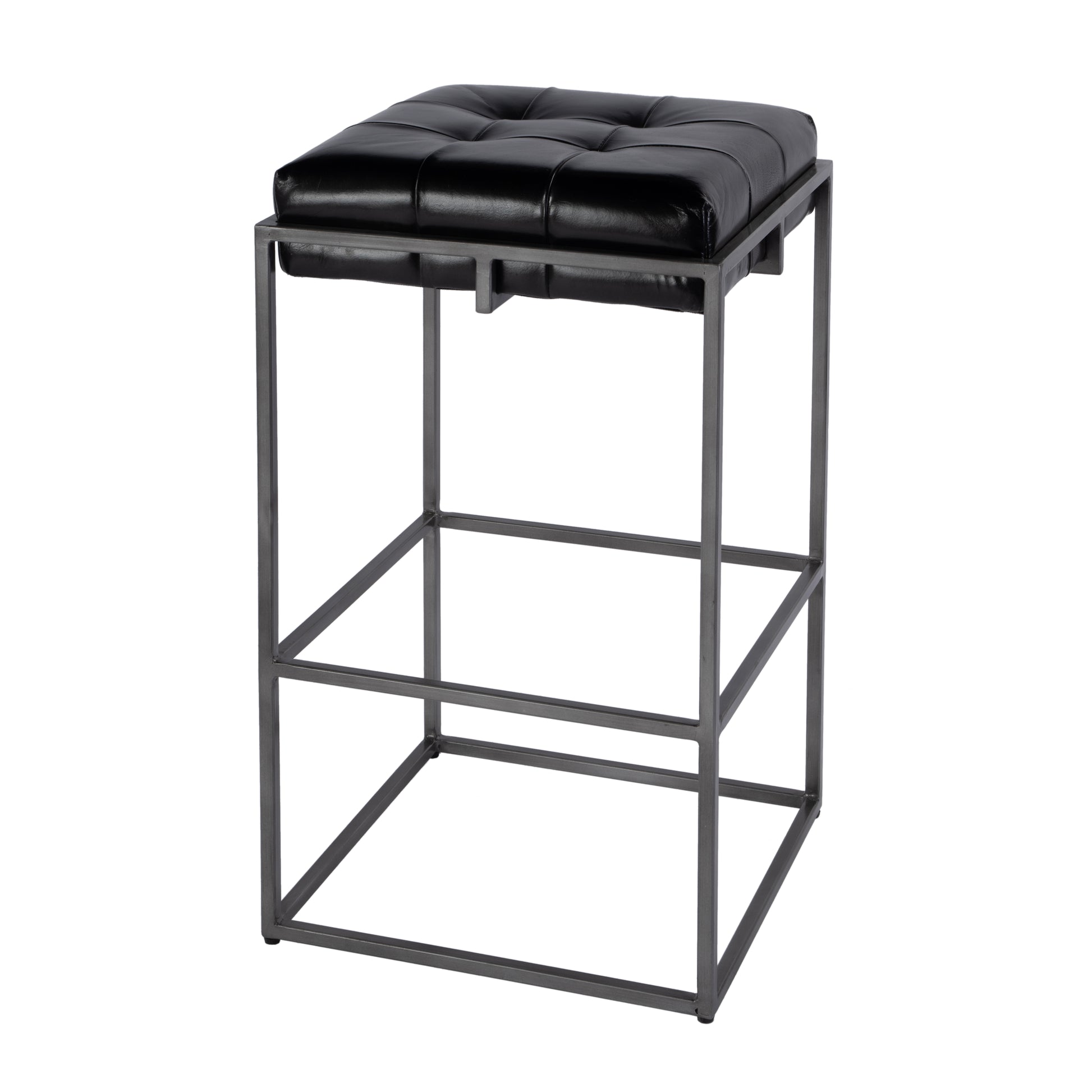 Butler Specialty Company Dudley 31 in. Seat Height Tufted Leather and Iron Backless Bar Height Stool with Footrest, Black, Silver