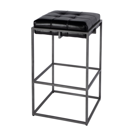 Butler Specialty Company Dudley 31 in. Seat Height Tufted Leather and Iron Backless Bar Height Stool with Footrest, Black, Silver