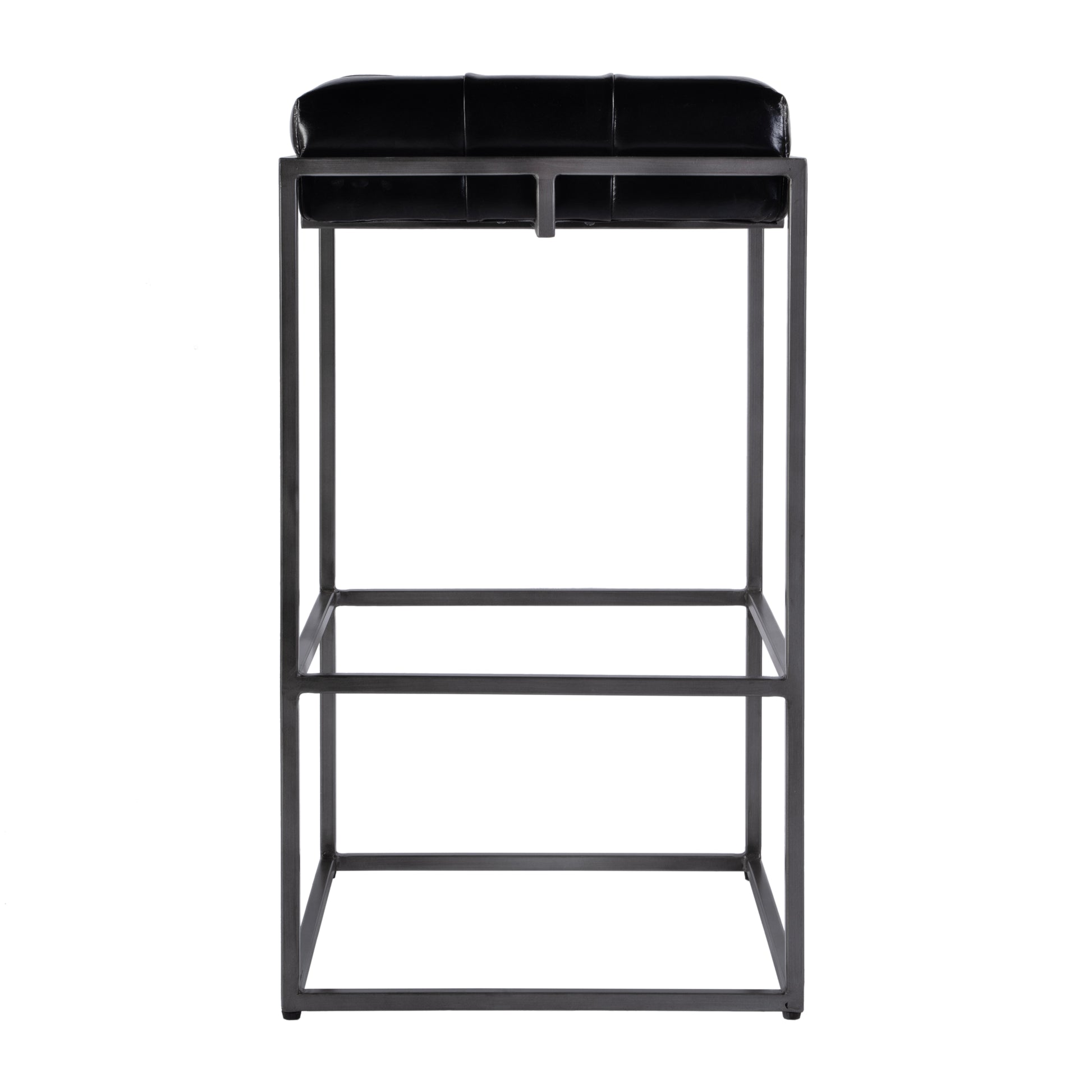 Butler Specialty Company Dudley 31 in. Seat Height Tufted Leather and Iron Backless Bar Height Stool with Footrest, Black, Silver