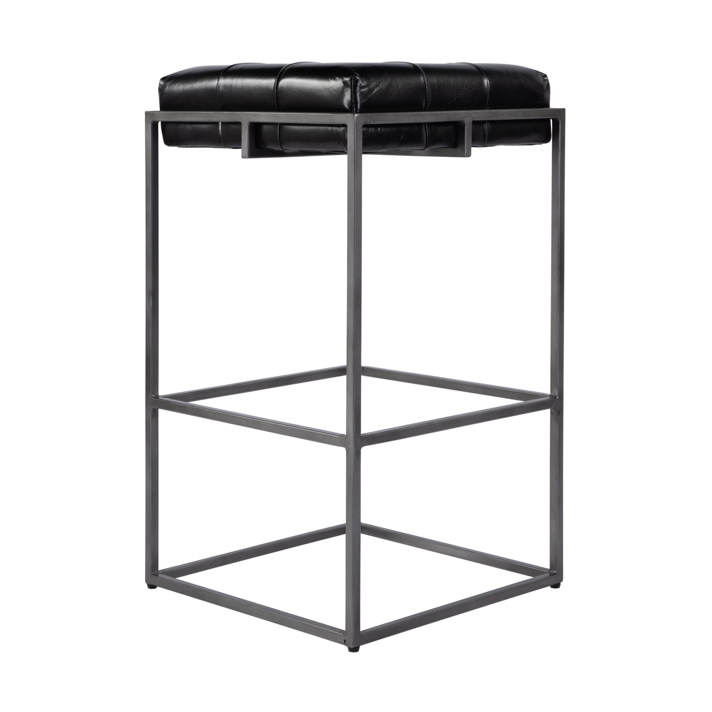 Butler Specialty Company Dudley 31 in. Seat Height Tufted Leather and Iron Backless Bar Height Stool with Footrest, Black, Silver