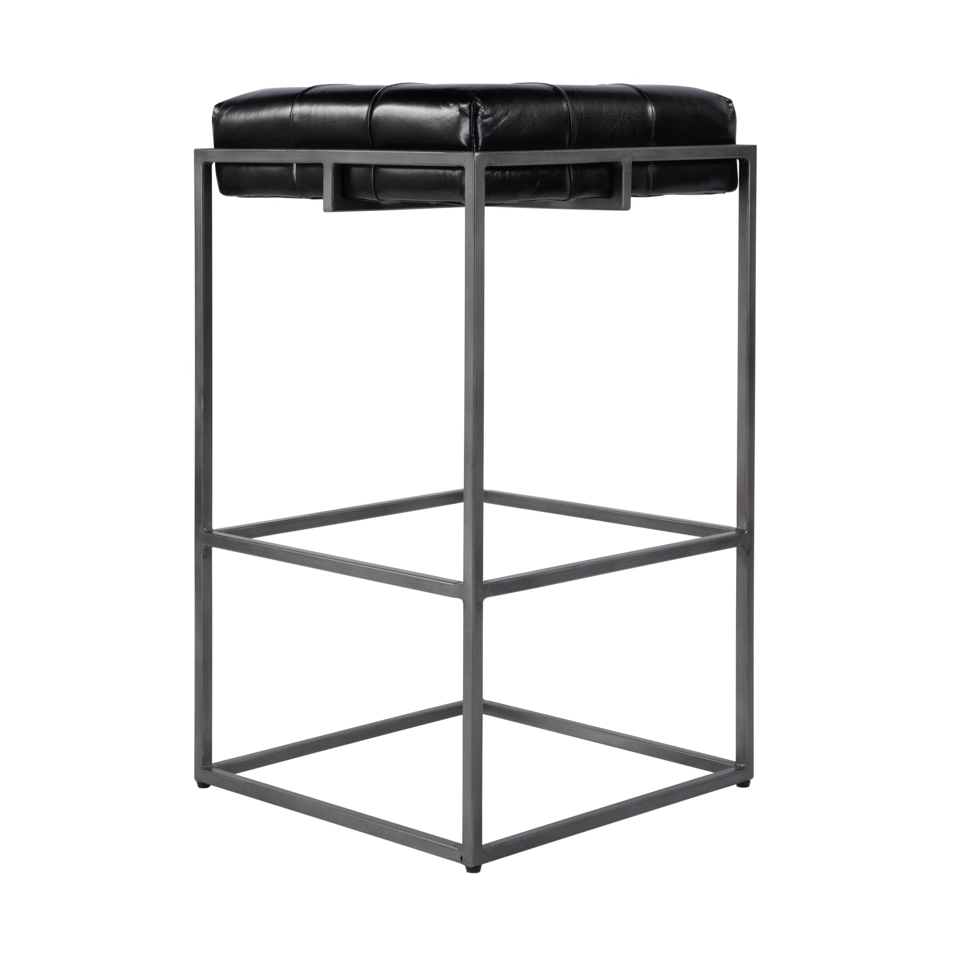 Butler Specialty Company Dudley 31 in. Seat Height Tufted Leather and Iron Backless Bar Height Stool with Footrest, Black, Silver