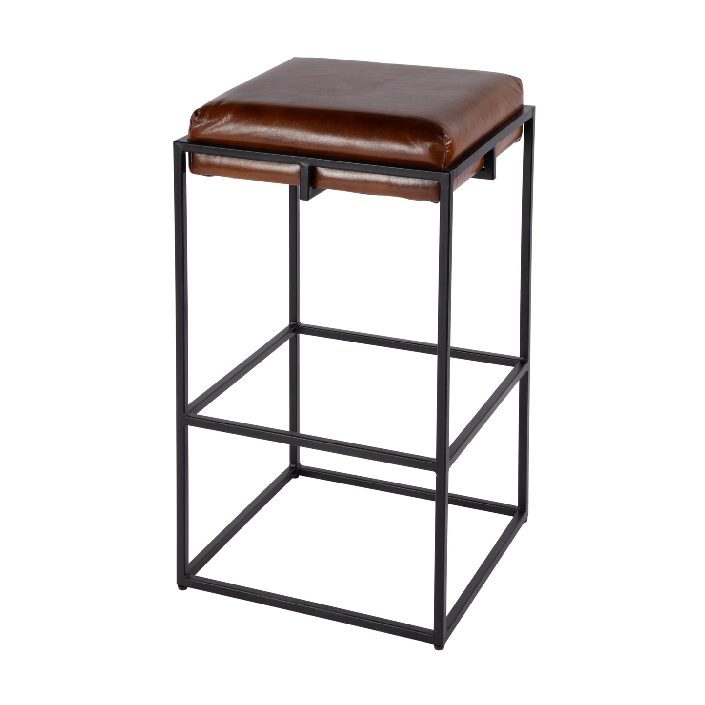 Butler Specialty Company Eldridge 31 in. Seat Height Leather and Iron Backless Bar Height Stool with Footrest, Brown, Black