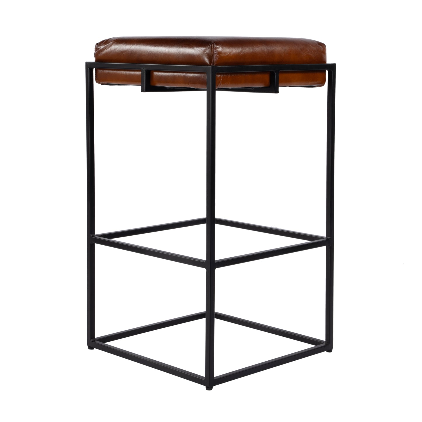 Butler Specialty Company Eldridge 31 in. Seat Height Leather and Iron Backless Bar Height Stool with Footrest, Brown, Black