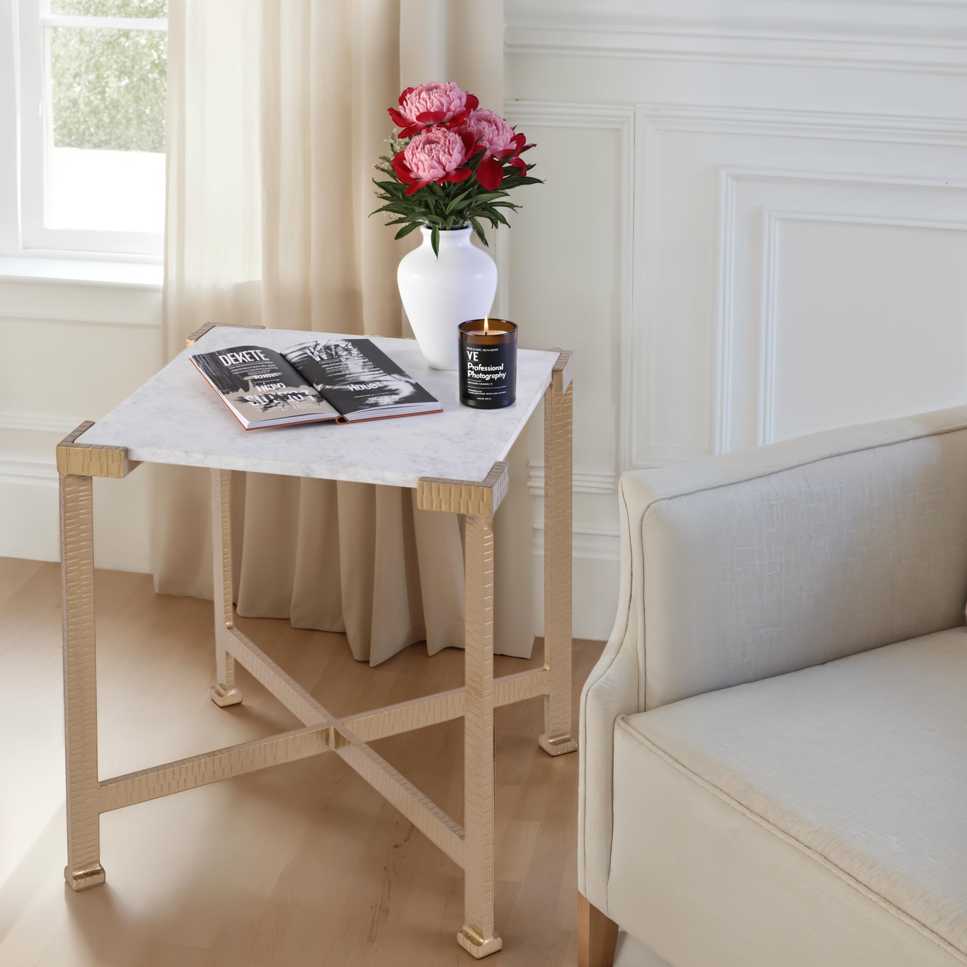 Butler Specialty Company Loric 18 in. W Square Iron and Marble Side Table, White, Antique Gold