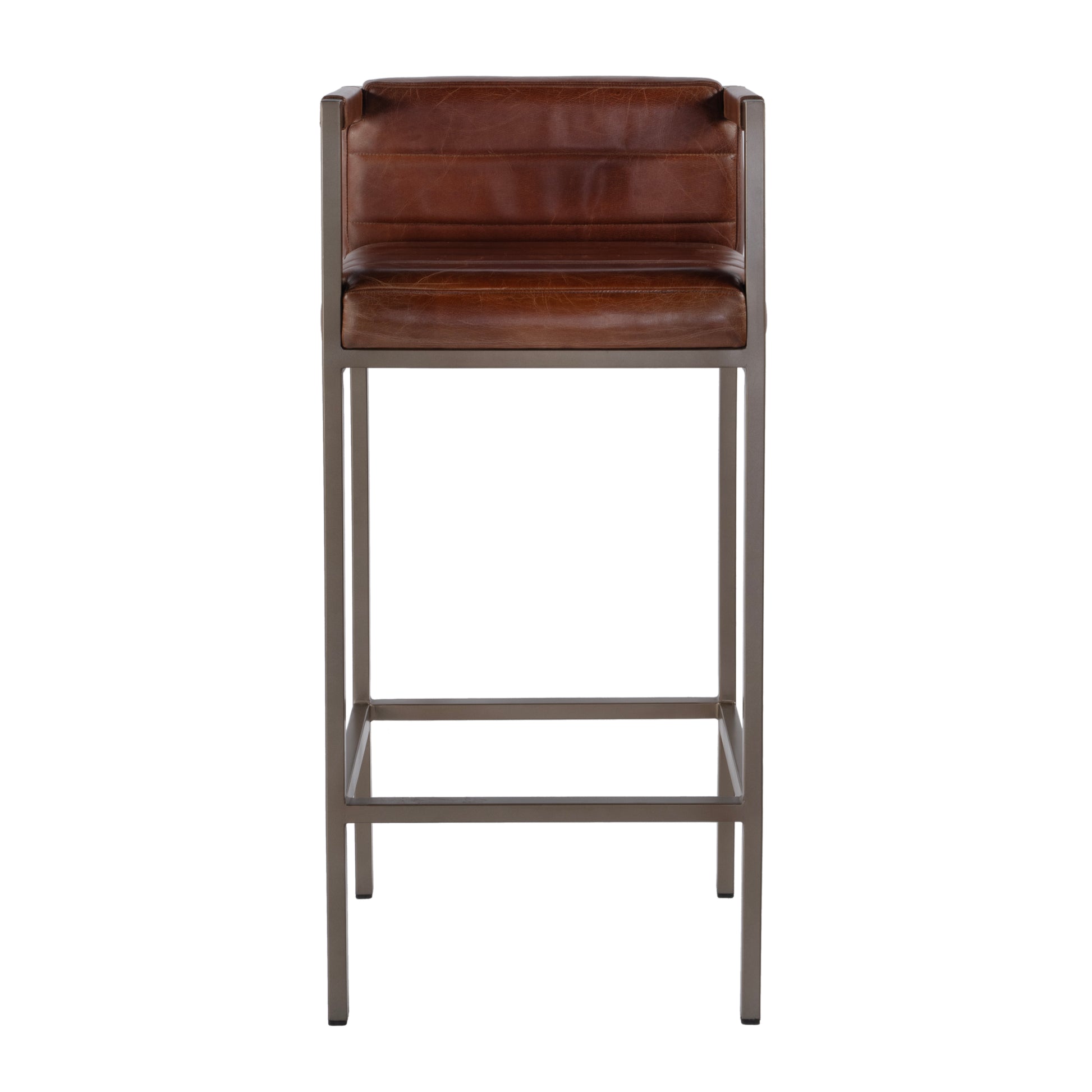 Butler Specialty Company Dennis 31 in. Seat Height Leather and Iron Accent Stool with Low Back, Brown