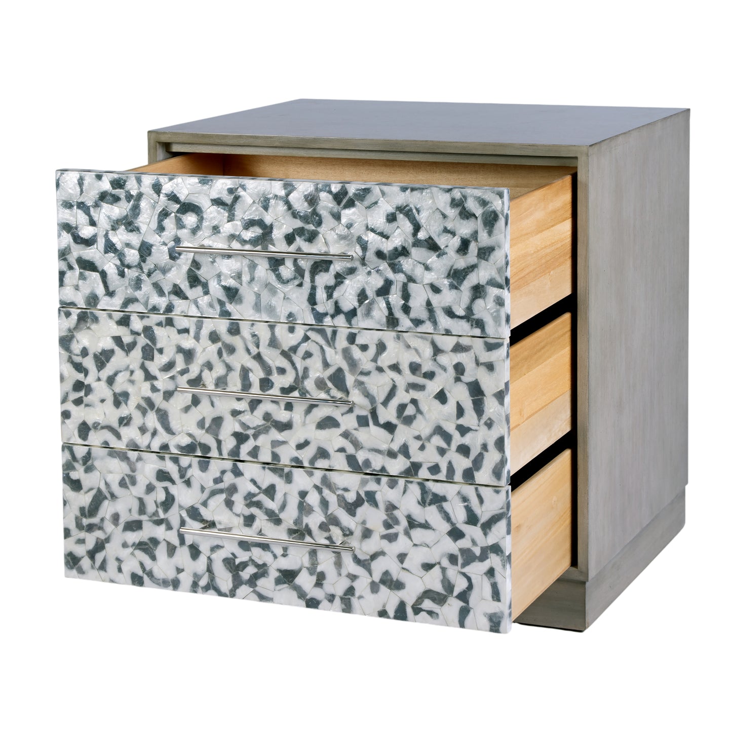 Butler Specialty Company Maganda 32 in. W Rectangular Wood and Tortoise Capiz 3 Drawer Accent Chest of Drawers, Gray
