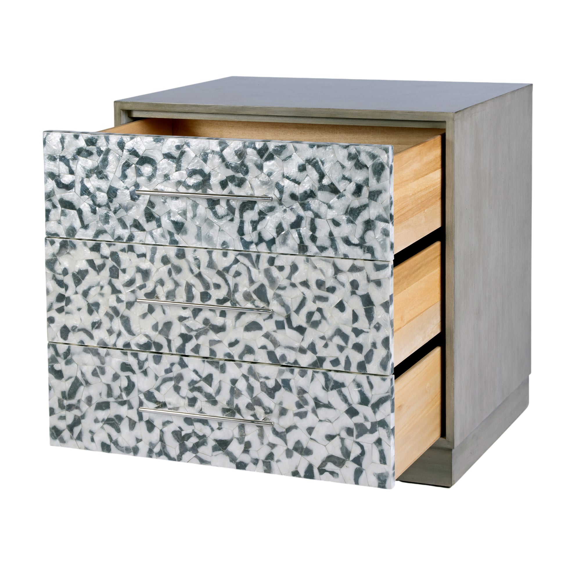 Butler Specialty Company Maganda 32 in. W Rectangular Wood and Tortoise Capiz 3 Drawer Accent Chest of Drawers, Gray