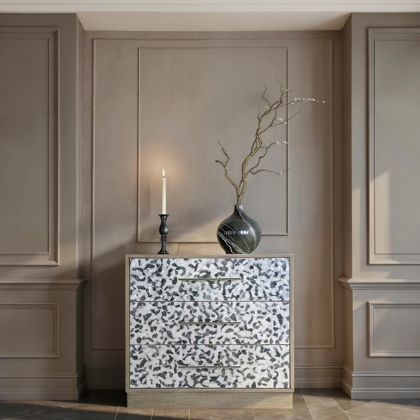 Butler Specialty Company Maganda 32 in. W Rectangular Wood and Tortoise Capiz 3 Drawer Accent Chest of Drawers, Gray