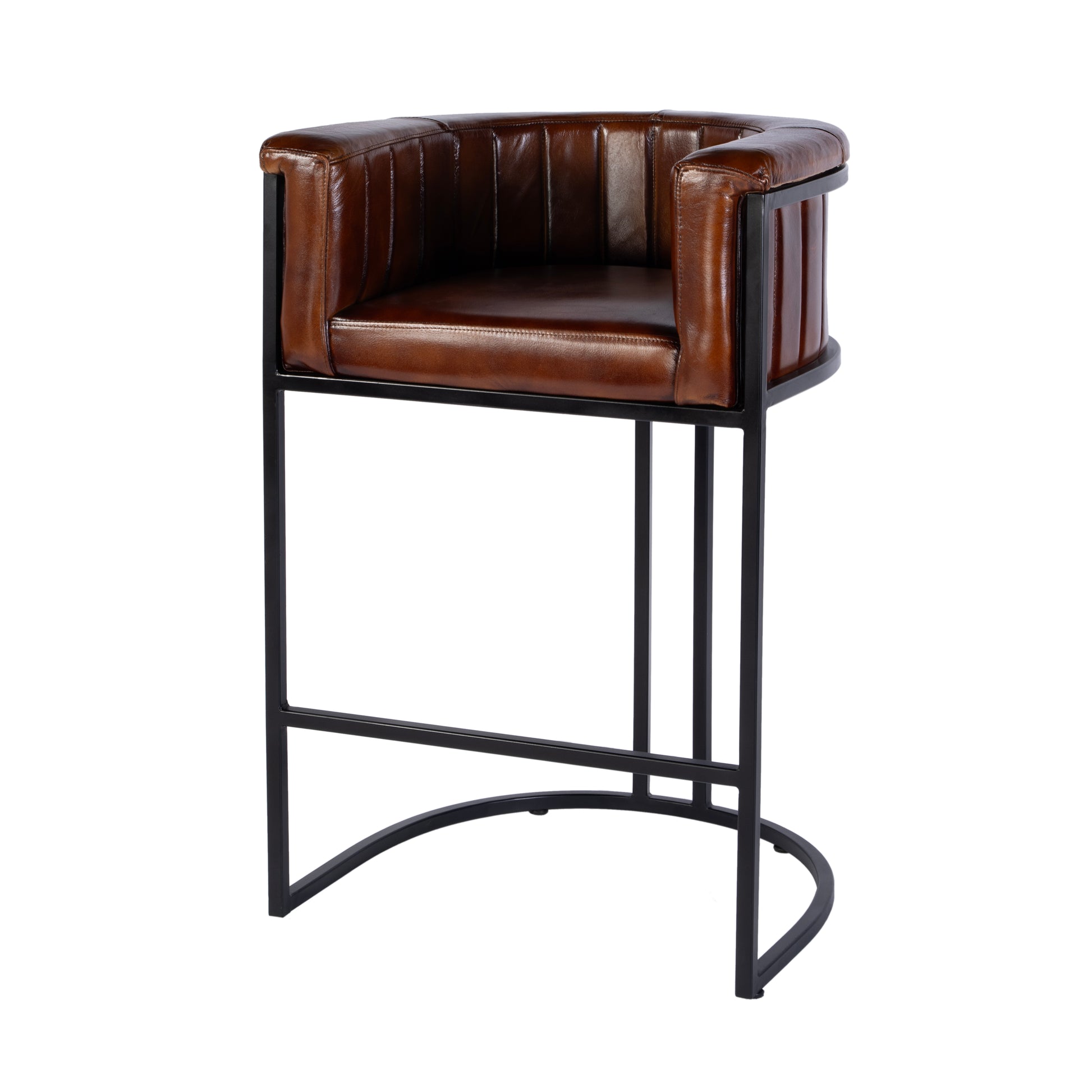Butler Specialty Company Rockford 29 in. Seat Height Leather and Iron Barrel Bar Stool with Footrest, Black, Brown