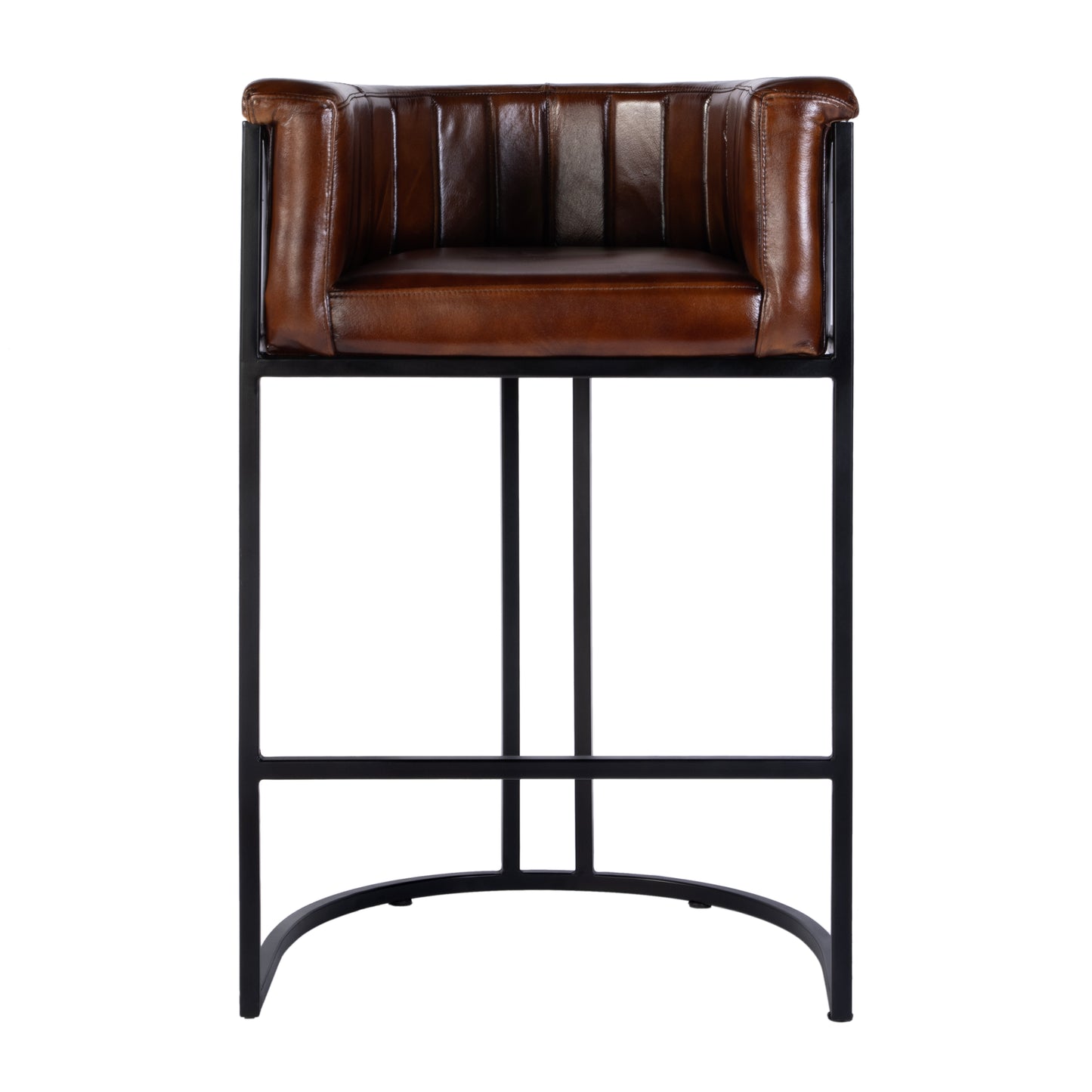 Butler Specialty Company Rockford 29 in. Seat Height Leather and Iron Barrel Bar Stool with Footrest, Black, Brown