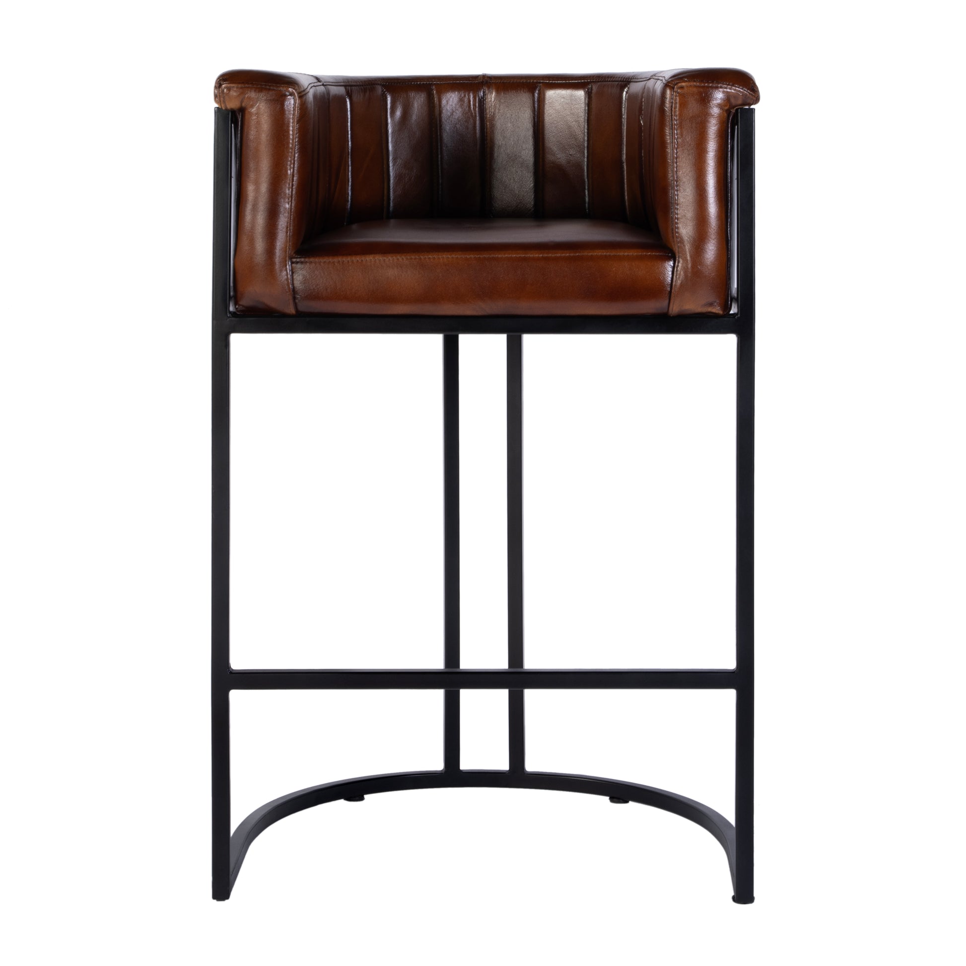 Butler Specialty Company Rockford 29 in. Seat Height Leather and Iron Barrel Bar Stool with Footrest, Black, Brown