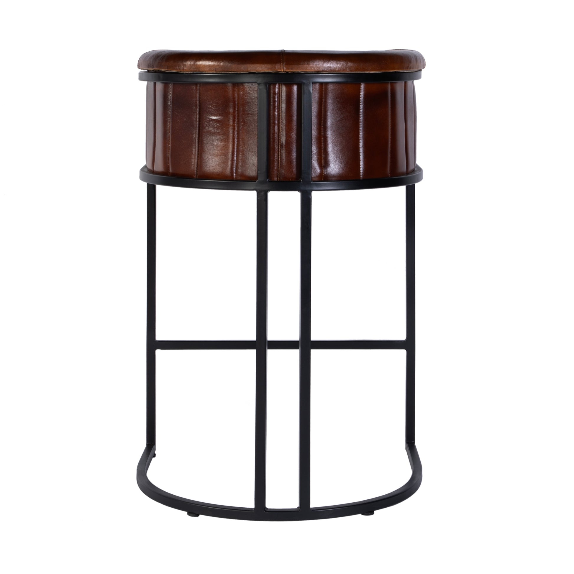 Butler Specialty Company Rockford 29 in. Seat Height Leather and Iron Barrel Bar Stool with Footrest, Black, Brown