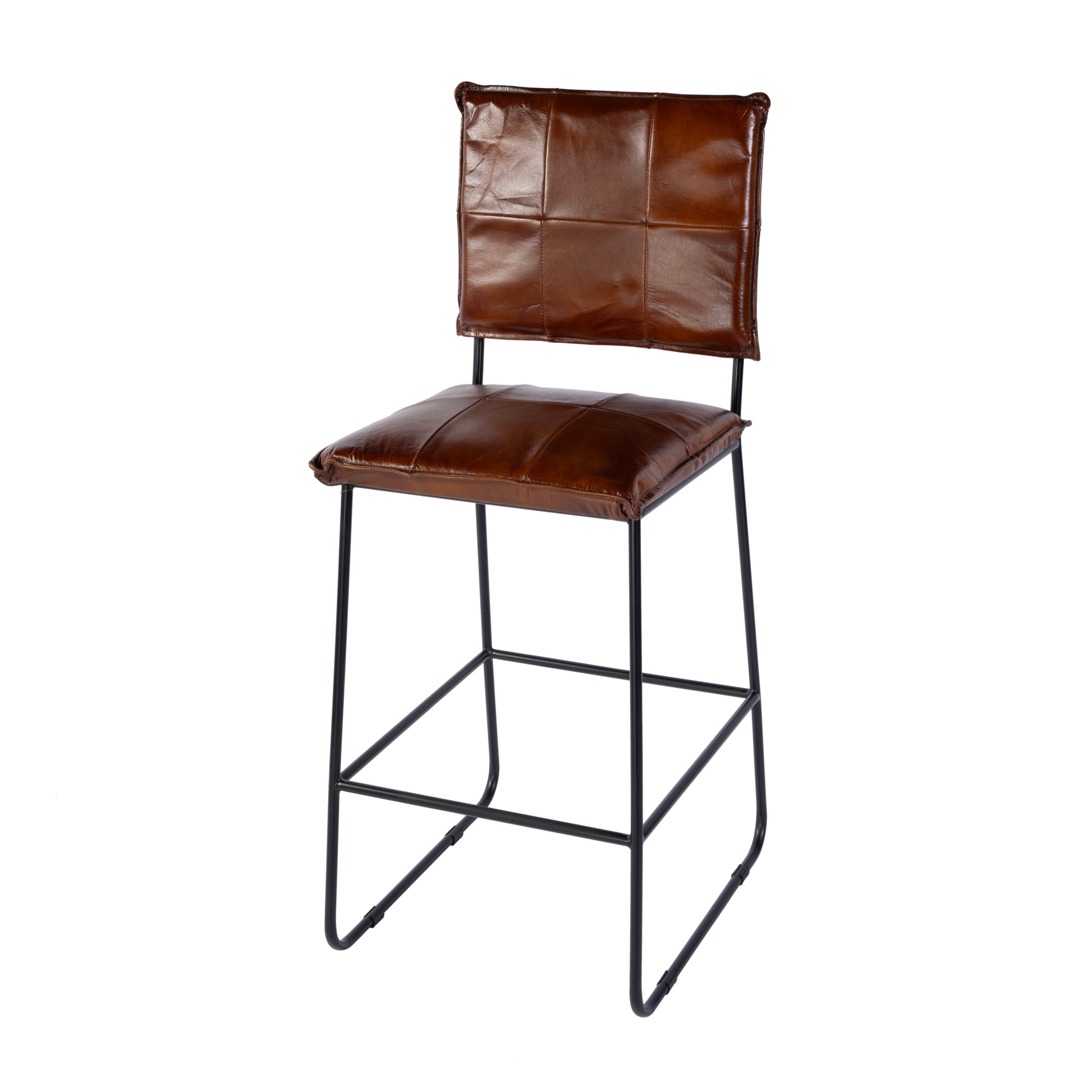 Butler Specialty Company Niles 30 in. Seat Height Leather and Iron Bar Stool with Footrest, Brown, Black
