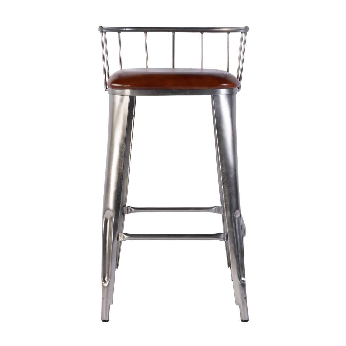 Butler Specialty Company Coriander 31 in. Seat Height Leather & Iron Bar Height Stool with Back and Footrest, Brown, Silver