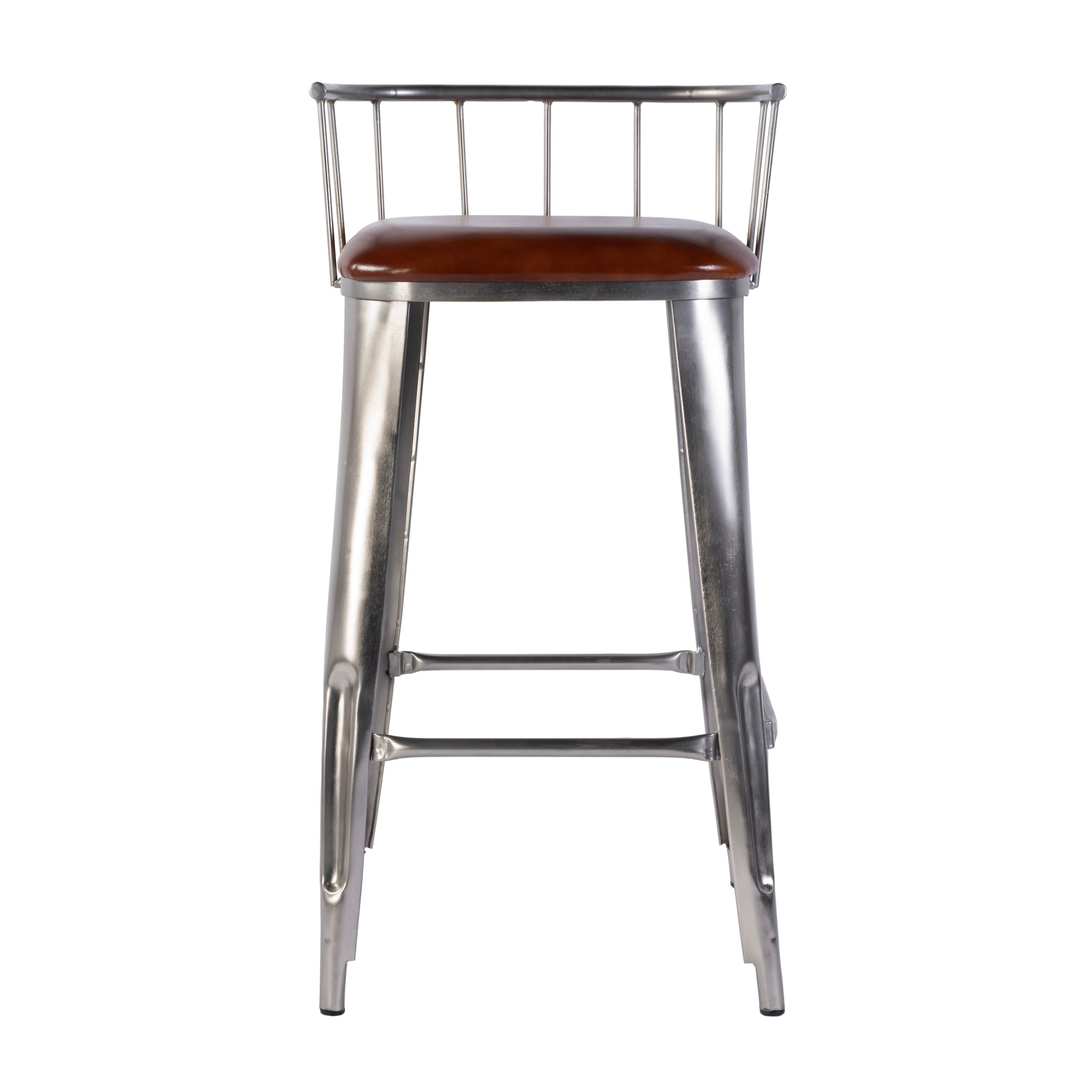 Butler Specialty Company Coriander 31 in. Seat Height Leather & Iron Bar Height Stool with Back and Footrest, Brown, Silver