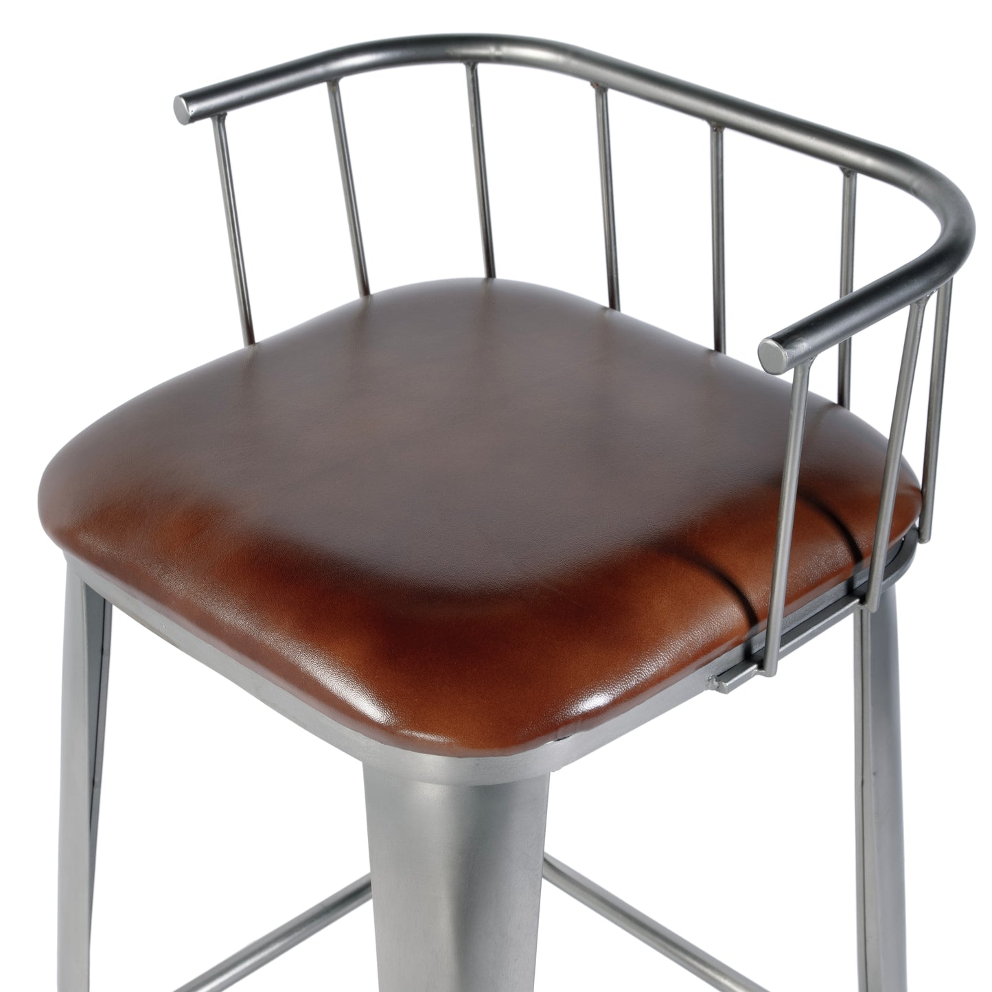 Butler Specialty Company Coriander 31 in. Seat Height Leather & Iron Bar Height Stool with Back and Footrest, Brown, Silver