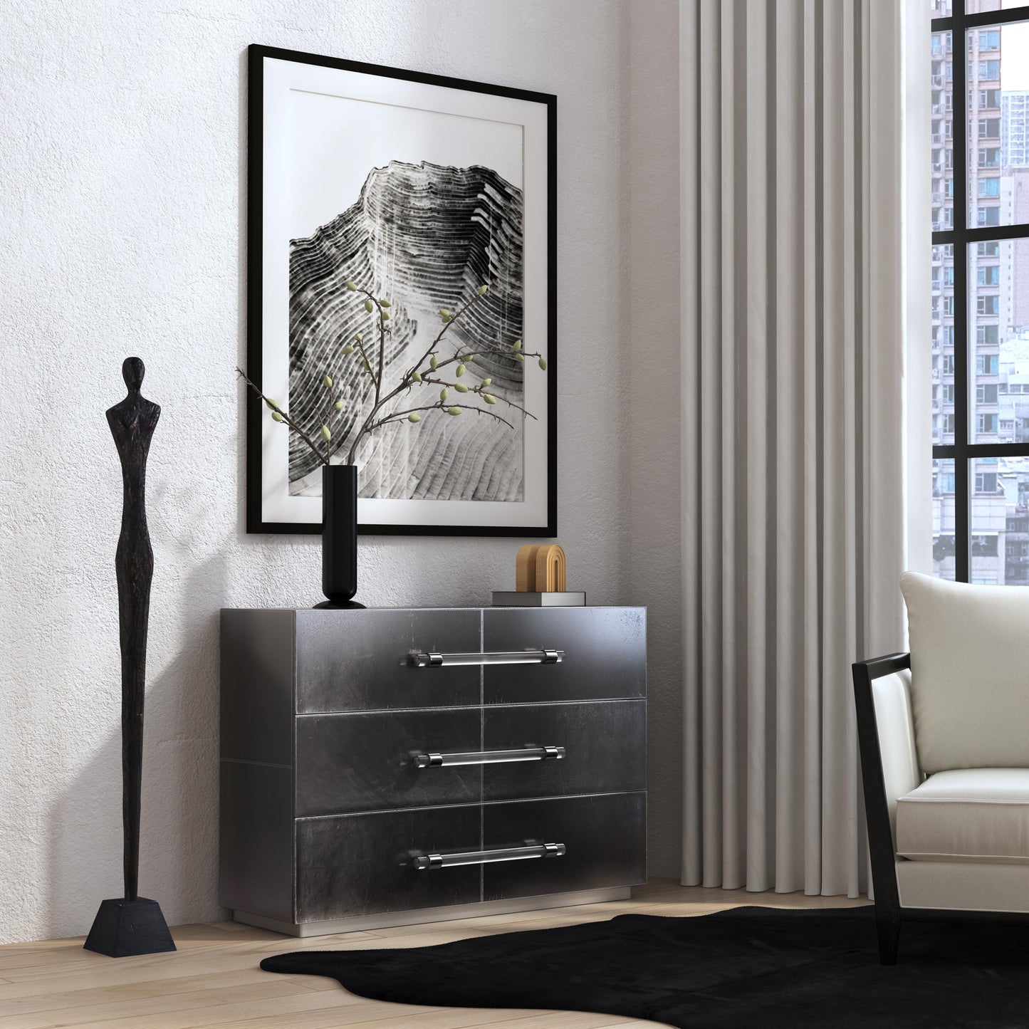 Butler Specialty Company Allman 48 in. W Rectangular Wood and Leather 3 Drawer Accent Chest, Silver