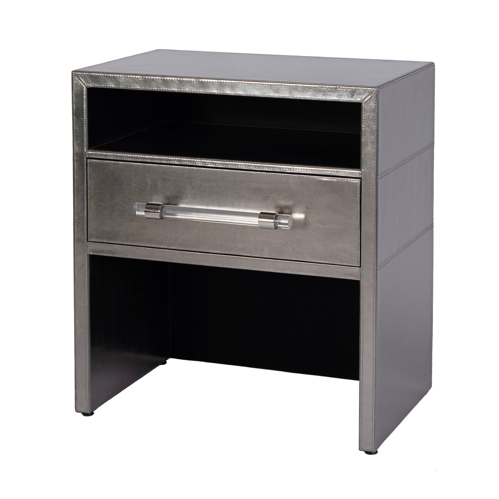 Butler Specialty Company Allman 24 in. W Rectangular Wood and Leather 1 Drawer Nightstand with Open Shelf, Silver