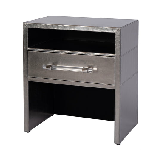 Butler Specialty Company Allman 24 in. W Rectangular Wood and Leather 1 Drawer Nightstand with Open Shelf, Silver