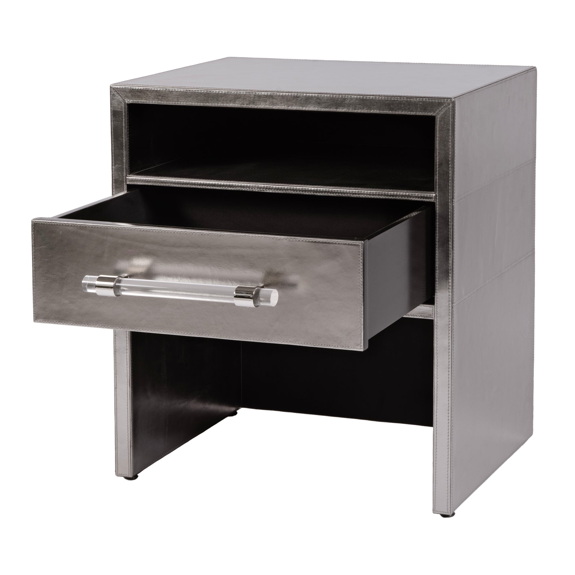 Butler Specialty Company Allman 24 in. W Rectangular Wood and Leather 1 Drawer Nightstand with Open Shelf, Silver
