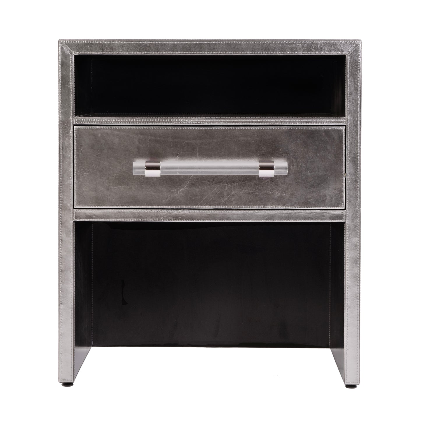 Butler Specialty Company Allman 24 in. W Rectangular Wood and Leather 1 Drawer Nightstand with Open Shelf, Silver