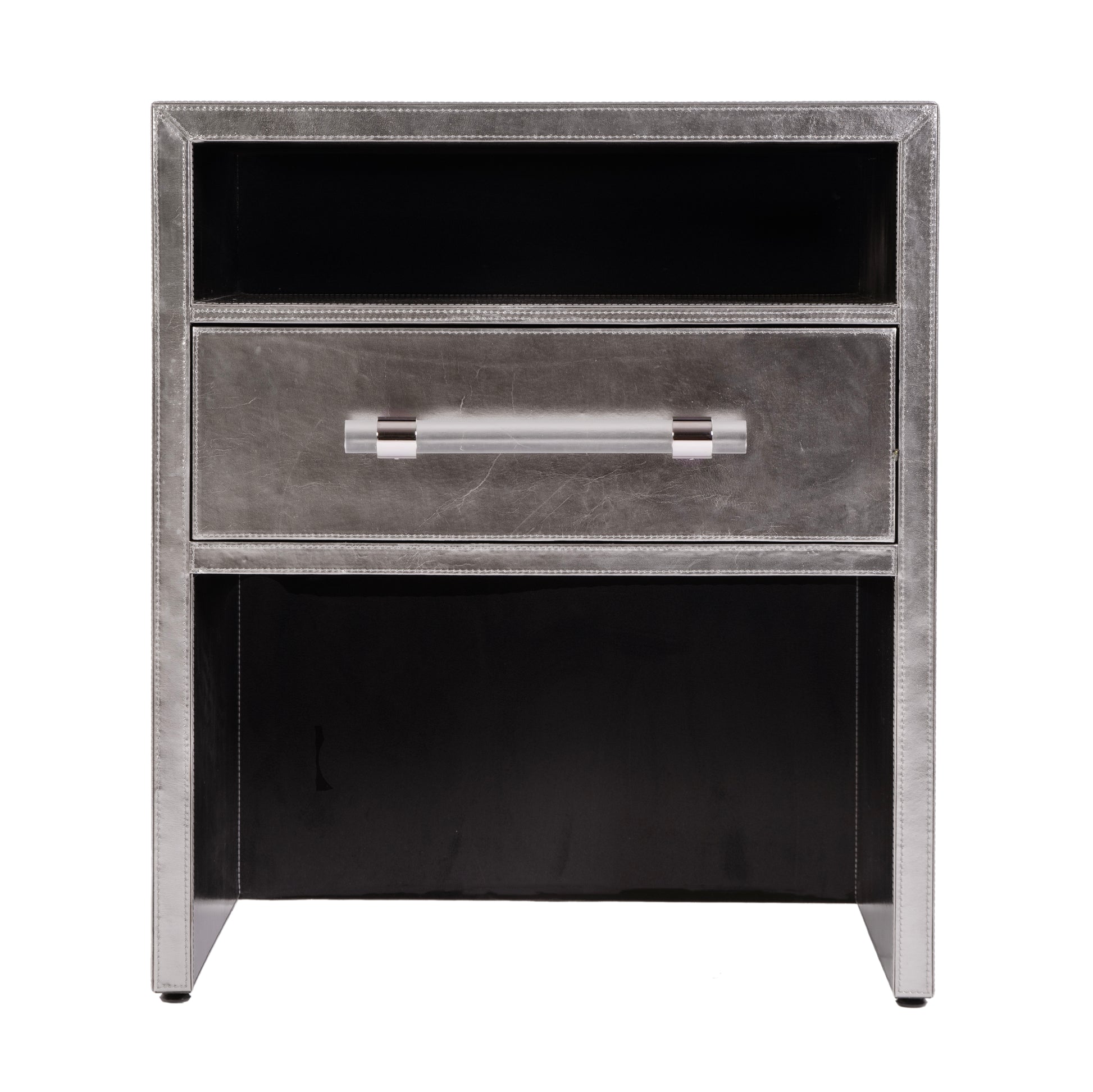 Butler Specialty Company Allman 24 in. W Rectangular Wood and Leather 1 Drawer Nightstand with Open Shelf, Silver
