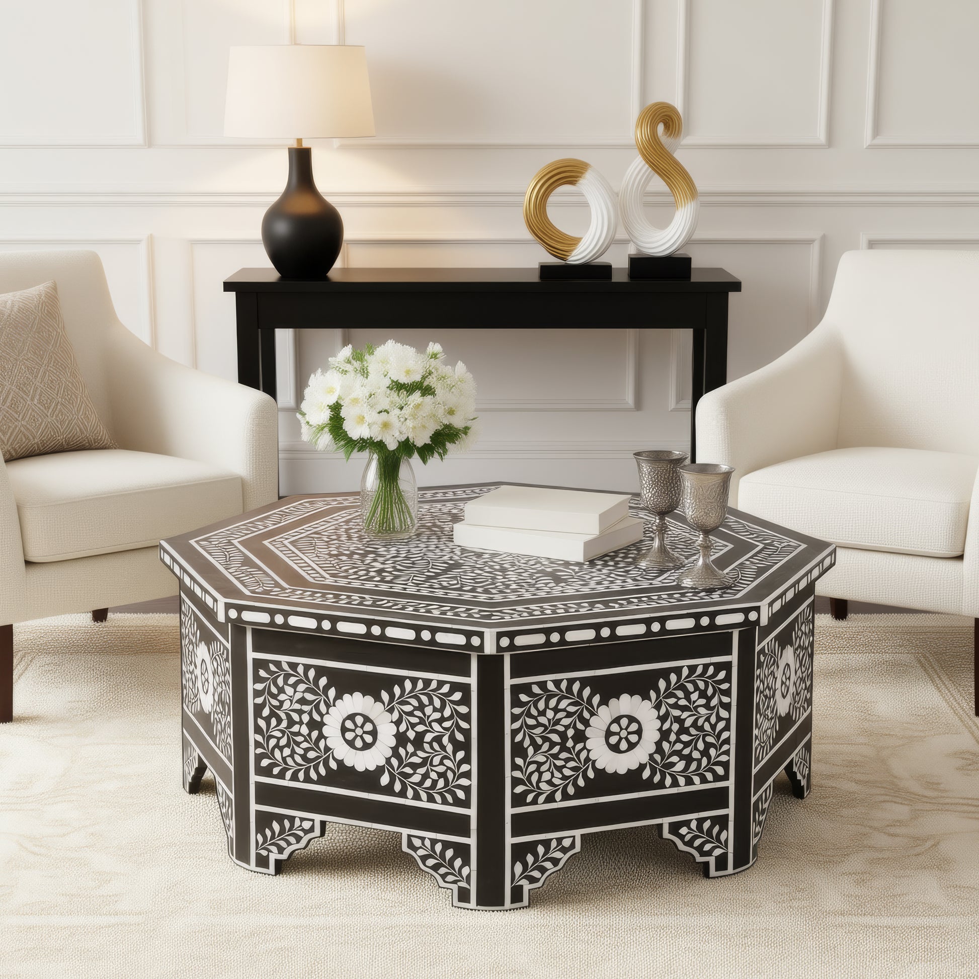 Butler Specialty Company Blackwell 40.25 in. W Octagonal Bone In-Lay 1 Drawer Coffee Table, Black, White