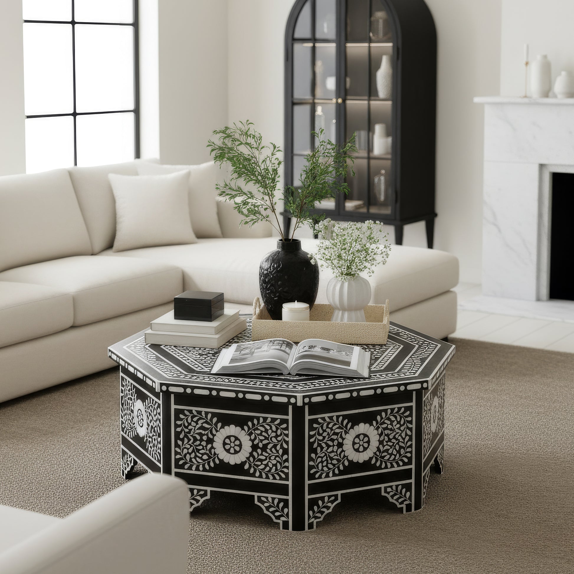 Butler Specialty Company Blackwell 40.25 in. W Octagonal Bone In-Lay 1 Drawer Coffee Table, Black, White