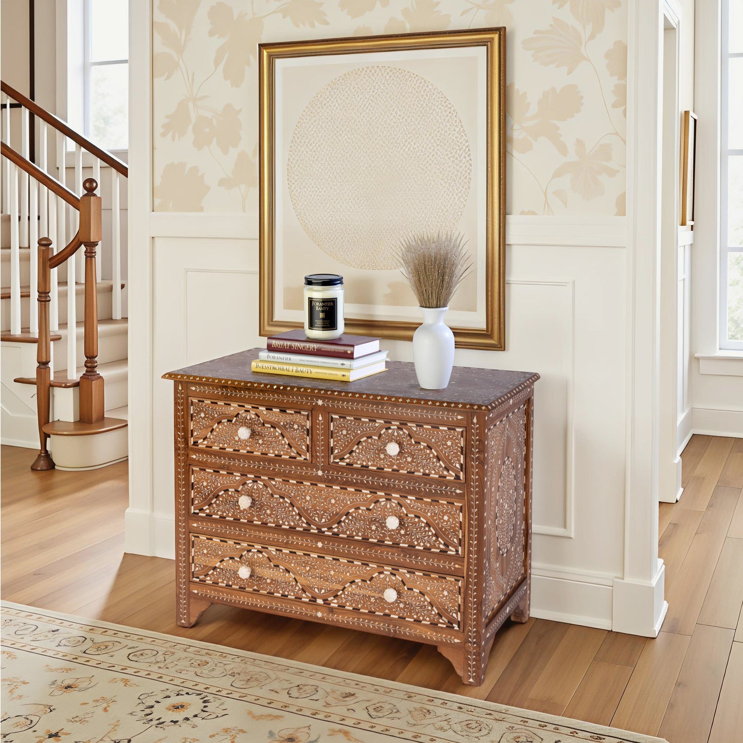 Butler Specialty Company Rashmi 40 in. W Rectangular Teak & Bone In-Lay 4 Drawer Accent Chest, Brown