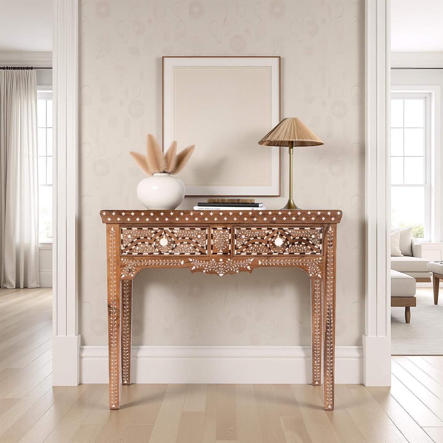 Butler Specialty Company Rashmi 36 in. W Rectangular Teak & Bone 2 Drawer Console Table, Brown