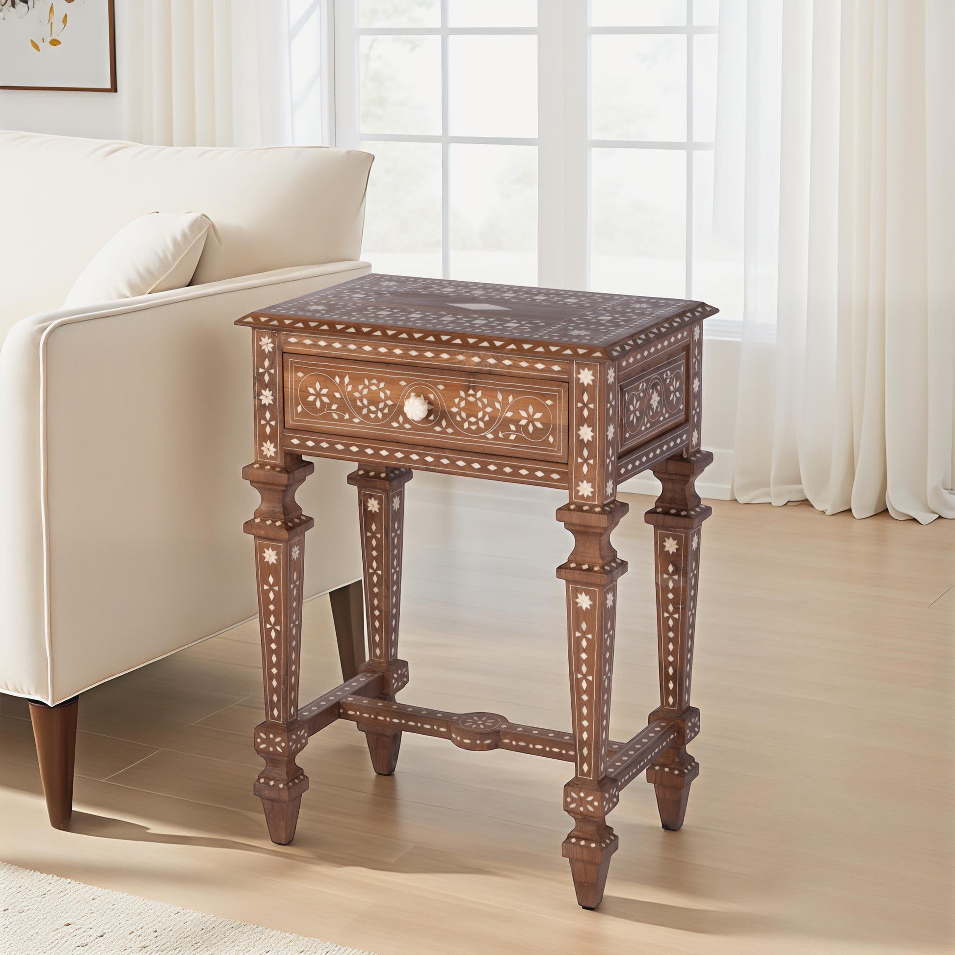Butler Specialty Company Rashmi 21 in. W Rectangular Teak & Bone 1 Drawer End Table, Brown