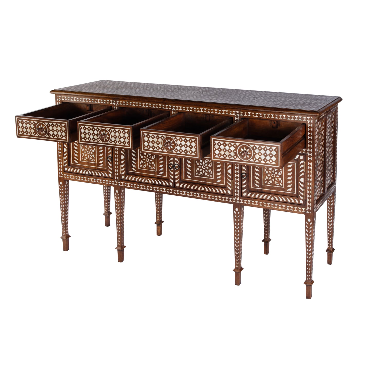 Butler Specialty Company Manali 60 in. W Rectangular Mother of Pearl and Wood 4 Drawer 2 Door Console Table, Brown