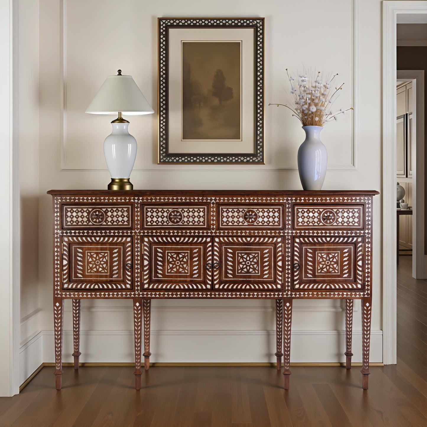 Butler Specialty Company Manali 60 in. W Rectangular Mother of Pearl and Wood 4 Drawer 2 Door Console Table, Brown