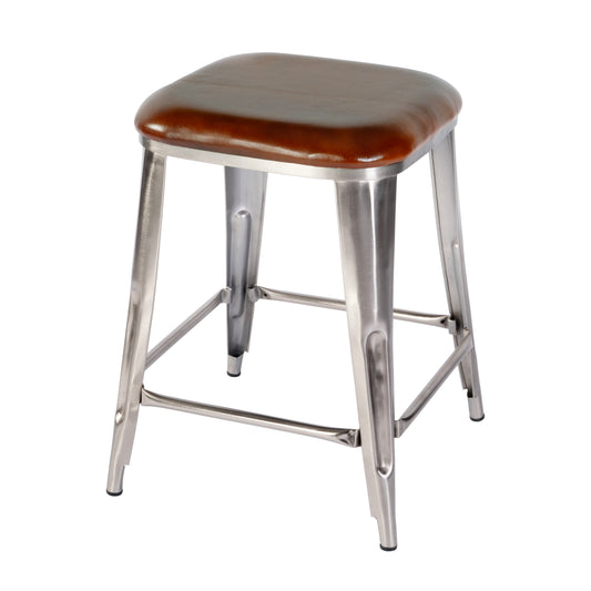 Butler Specialty Company Eastham 24.75 in. Seat Height Leather and Iron Counter Stool with Footrest, Brown, Silver