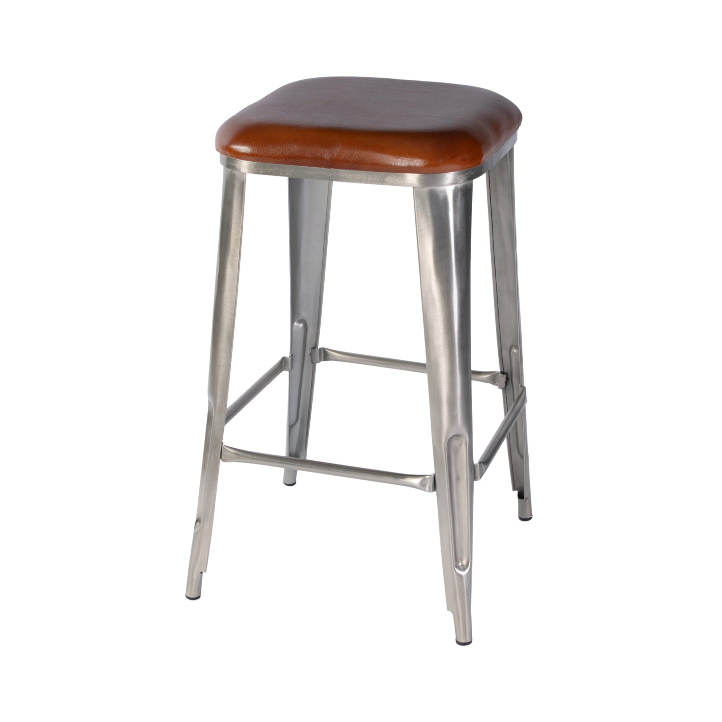 Butler Specialty Company Eastham 30.75 in. Seat Height Leather and Iron Bar Stool with Footrest, Brown, Silver