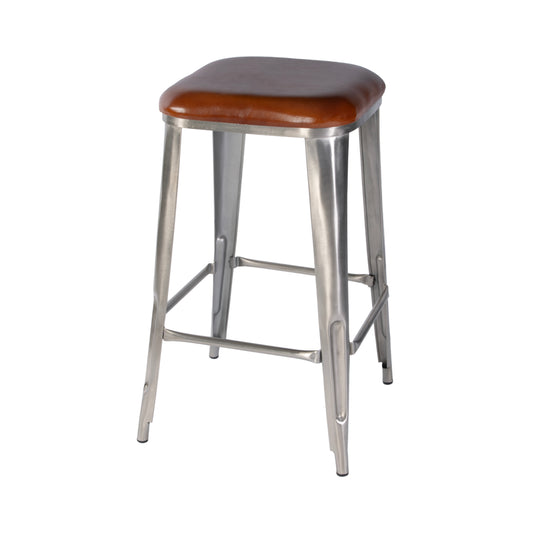 Butler Specialty Company Eastham 30.75 in. Seat Height Leather and Iron Bar Stool with Footrest, Brown, Silver