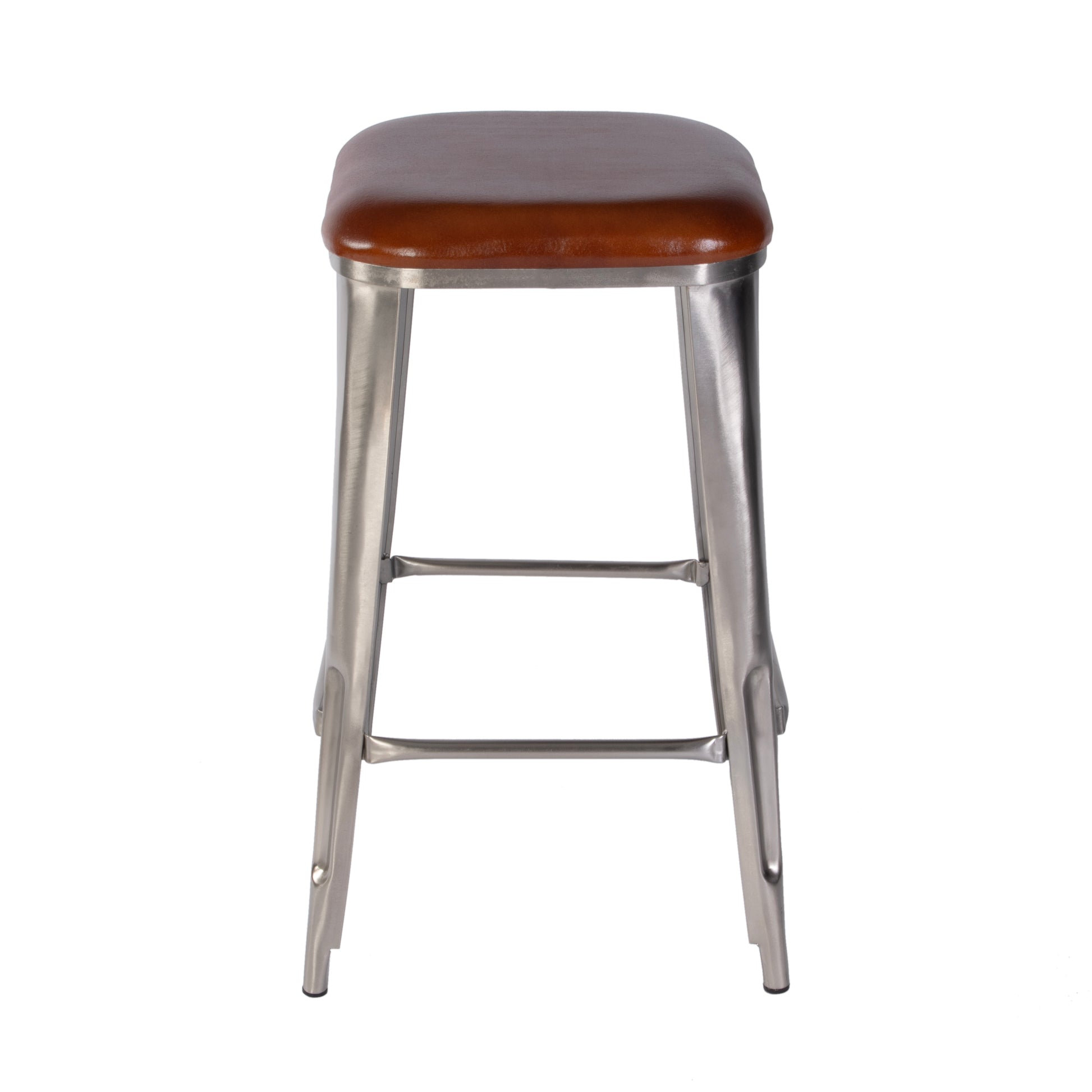 Butler Specialty Company Eastham 30.75 in. Seat Height Leather and Iron Bar Stool with Footrest, Brown, Silver