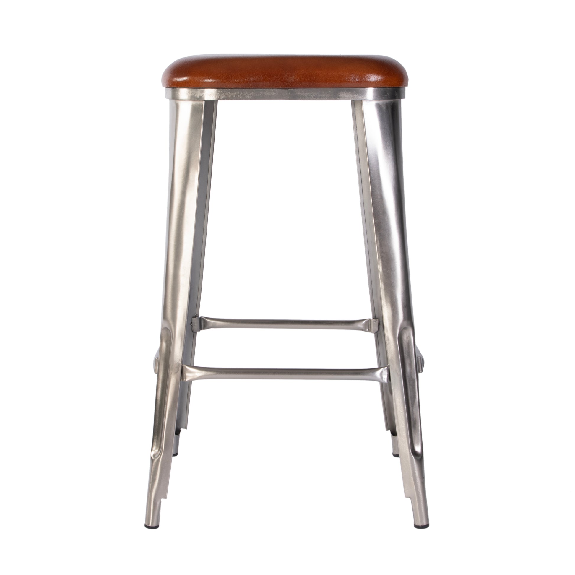 Butler Specialty Company Eastham 30.75 in. Seat Height Leather and Iron Bar Stool with Footrest, Brown, Silver