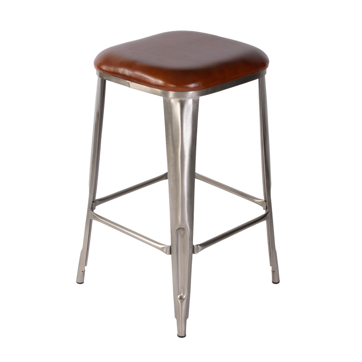 Butler Specialty Company Eastham 30.75 in. Seat Height Leather and Iron Bar Stool with Footrest, Brown, Silver